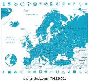Europe Road Map And Navigation Icons. Detailed Vector Illustration Of Europe Map.