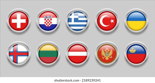 Europe Round Flags Set Collection 3D round flag, badge flag, Faroe Islands, Switzerland, Croatia, Turkey, Latvia, Ukraine, Liechtenstein, Lithuania, Greece, Montenegro