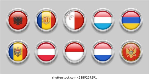 Europe Round Flags Set Collection 3D round flag, badge flag, Albania, Luxembourg, Andorra, Malta, Armenia, Moldova, Austria, Monaco, Netherlands, Montenegro