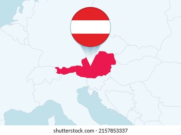 Europa con el mapa seleccionado de Austria y el icono de la bandera austriaca. Mapa de vectores y bandera.