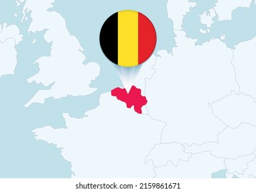 Europe with selected Belgium map and Belgium flag icon. Vector map and flag.