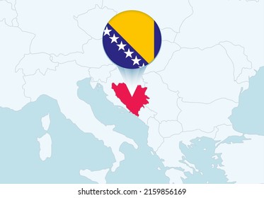 Europe with selected Bosnia and Herzegovina map and Bosnia and Herzegovina flag icon. Vector map and flag.