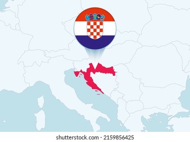 Europe with selected Croatia map and Croatia flag icon. Vector map and flag.