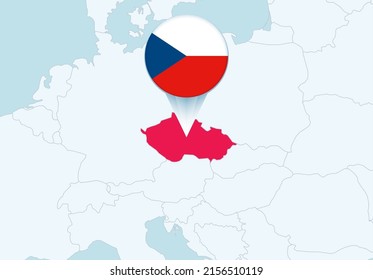 Europa con un mapa de la República Checa seleccionado e icono de la bandera de la República Checa. Mapa de vectores y bandera.