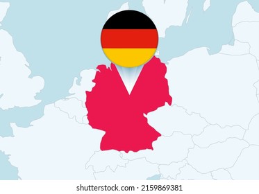 Europa mit ausgewählter Karte Deutschlands und Flaggensymbol. Vektorplan und Flagge.