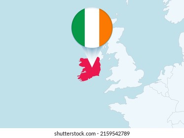 Europe with selected Ireland map and Ireland flag icon. Vector map and flag.