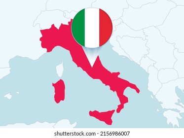 Europa mit ausgewählter Karte Italiens und Flaggensymbol. Vektorplan und Flagge.