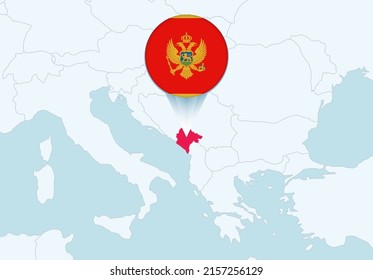 Europe with selected Montenegro map and Montenegro flag icon. Vector map and flag.