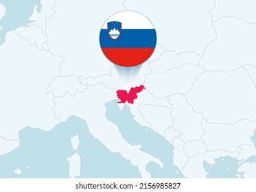Europe with selected Slovenia map and Slovenia flag icon. Vector map and flag.