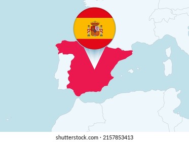 Europe with selected Spain map and Spain flag icon. Vector map and flag.