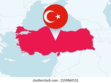 Europe with selected Turkey map and Turkey flag icon. Vector map and flag.