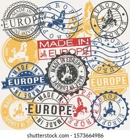 Europe Set of Stamps. Travel Passport Stamp. Made In Product. Design Seals Old Style Insignia. Icon Clip Art Vector.