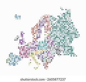 Europe, shape of the continent build of colored cells. Digital style map of the Europe on white background. Small size circle blocks. Simple vector illustration.