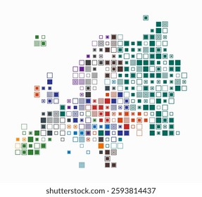Europe, shape of the continent built of colored cells. Digital style map of Europe on a white background. Large size square blocks. Amazing vector illustration.