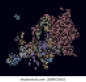 Europe, shape of the continent built of colored cells. Digital style map of Europe on a dark background. Small size rounded square blocks. Modern vector illustration.