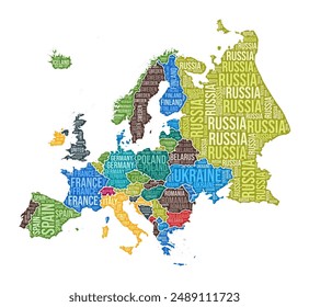 Forma Europa. Nube de palabras del continente con división del país. Ilustración de color de Europa. Nube de nombres de Country. Ilustración vectorial.