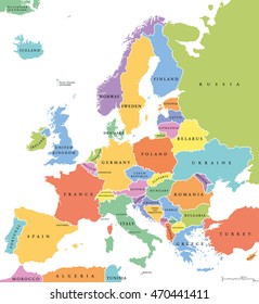 Europe single states political map. All countries in different colors, with national borders and country names. English labeling and scaling. Illustration on white background.