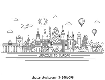 Europe skyline detailed silhouette. Vector background. line illustration. Line art style