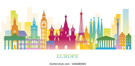 Europe Skyline Landmarks Colorful Silhouette, Famous Place and Historical Buildings, Travel and Tourist Attraction