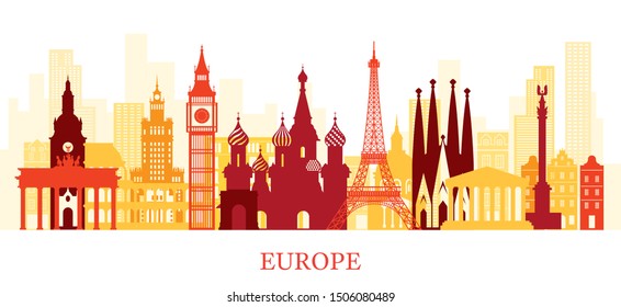 Europe Skyline Landmarks Colorful Silhouette, Famous Place and Historical Buildings, Travel and Tourist Attraction