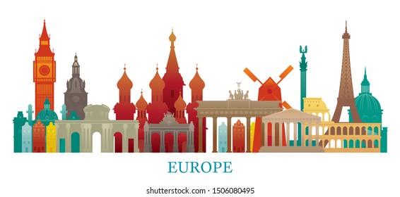 Europe Skyline Landmarks Colorful Silhouette, Famous Place and Historical Buildings, Travel and Tourist Attraction