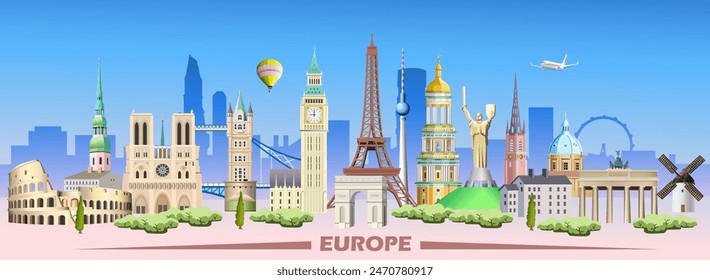 Europe skyline poster. Travel and tourism. Vector flat art illustration