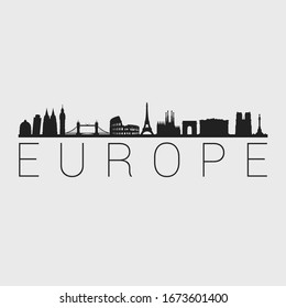 Europe Skyline Silhouette City. Design Vector. Famous Monuments Tourism Travel. Buildings Tour Landmark.