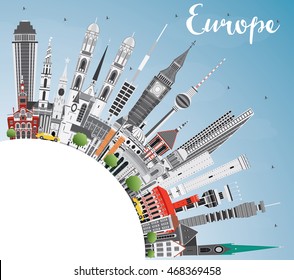 Europe skyline silhouette with different landmarks and copy space. Vector illustration. Business travel and tourism concept with place for text. Image for presentation, banner, placard and web site.