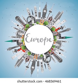 Europe skyline silhouette with different landmarks and copy space. Vector illustration. Business travel and tourism concept with place for text. Image for presentation, banner, placard and web site.
