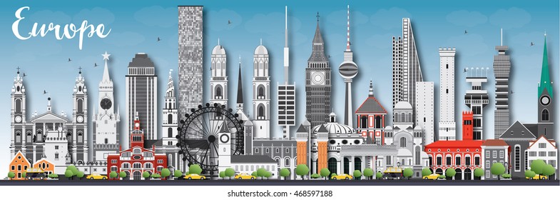 Europe skyline silhouette with different landmarks. Vector illustration. Business travel and tourism concept with place for text. Image for presentation, banner, placard and web site.