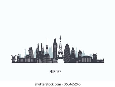 Europe Skyline Silhouette. Travel And Tourism Background. Vector Flat Illustration