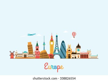 Europe skyline. Travel and tourism background. Vector flat illustration