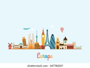 Europe Skyline. Travel And Tourism Background. Vector Flat Illustration