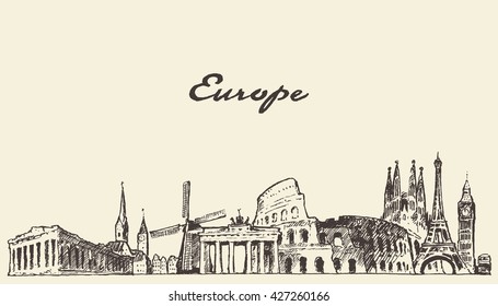 Europe skyline, vintage vector engraved illustration, hand drawn, sketch