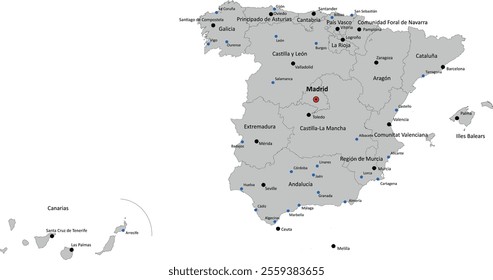 Europe Spain map with 17 autonomous communities and capitals,populated places