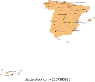 Europe Spain map with 17 autonomous communities and capitals