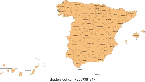 Europe Spain map with 50 provinces and 2 autonomous municipalities