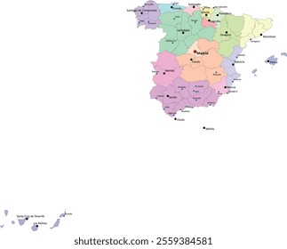 Europe Spain map with 50 provinces by autonomous communities with capitals and populated places