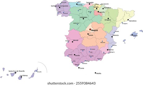 Europe Spain map with 50 provinces by autonomous communities with capitals and populated places