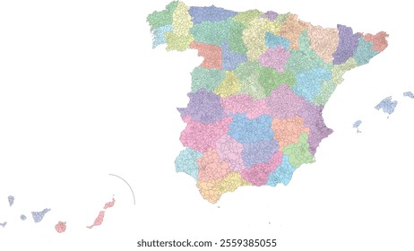 Europe Spain map with 8223 municipalities by 50 provinces