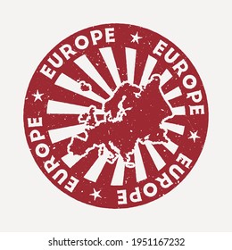 Europe stamp. Travel red rubber stamp with the map of continent, vector illustration. Can be used as insignia, logotype, label, sticker or badge of the Europe.