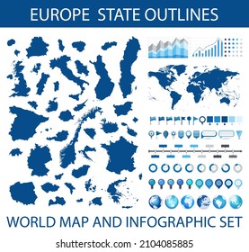 Europe state outlines and Wold map infographic set