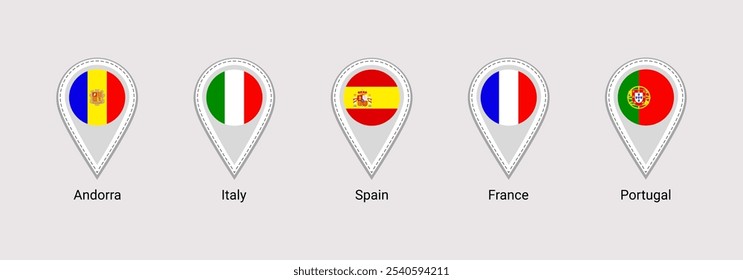 Europa Staaten Flaggen Standort Punkt Symbole Vektorgrafik. Frankreich, Italien, Spanien, Portugal, Andorra Länder Karte Pins isoliert, Zeichen Formen. Offizielle Symbole Aufkleber gesetzt. Europäische Kennzeichen.