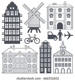 Europe street life and houses set. Vector illustration