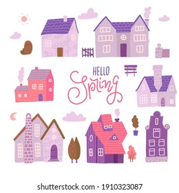 Europe street traditional houses set with plants, clouds, other elements if out of town landscape. Countryside Constructor in pink color. Vector flat illustration