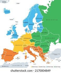 Europe subregions, political map. Geoscheme, that subdivides the European continent into Eastern, Northern, Southern, and Western Europe, for statistical purposes, and represented in different colors.