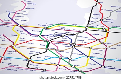 Europe Subway Map. Close up on a map of a fictional european subway system.