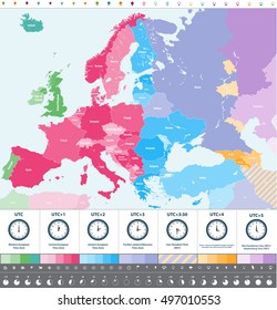 Europe time zones high detailed map with location buttons and clock icons. All layers detachable and labeled. Vector