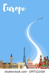 Europe tourism travel with the whole family. flat style image