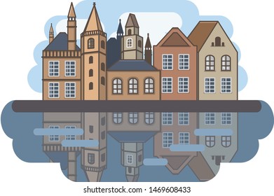 Europe town, flat vector illustration, little houses